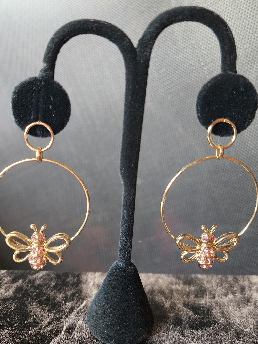 Mary Kay Gold Hoop Earrings with Pink Rhinestone Bee